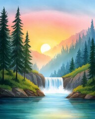 In the beginning God created the heavens and the earth Genesis 11 Landscape with a waterfall and a sun in the sky