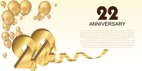 Elegant 22nd anniversary celebration with golden balloons, ribbon, and bold 3D numbers. Perfect for greeting cards, banners, or party invitations. Luxurious and festive vector design