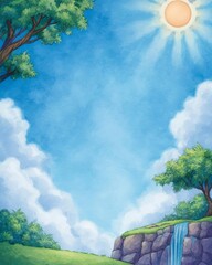 In the beginning God created the heavens and the earth Genesis 11 Landscape with a waterfall and a sun in the sky