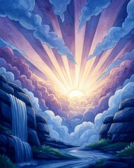 In the beginning God created the heavens and the earth Genesis 11 Landscape with a waterfall and a sun in the sky