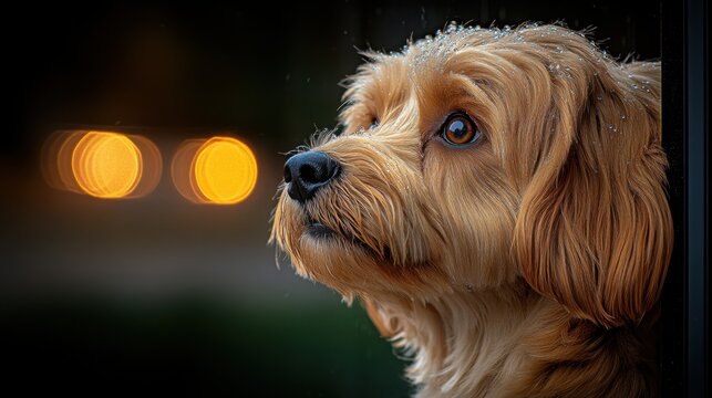 Cute brown cavoodle gazing at city lights through raindrops, filled with wonder and curiosity during a rainy night