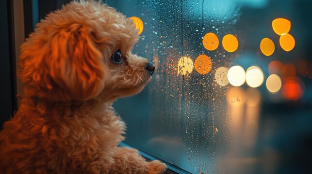 Cute brown cavoodle gazing at city lights through raindrops, filled with wonder and curiosity during a rainy night