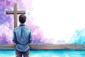 Christian man praying in front of the cross