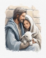 Christmas Nativity Scene The shepherds visiting Jesus Watercolor illustration