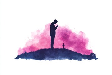 Christian man praying in front of the cross