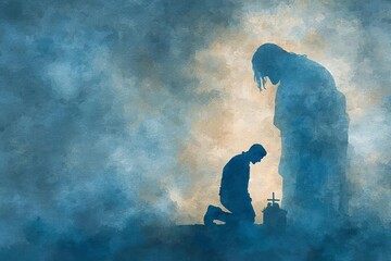 Christian man praying in front of a Christian cross, Jesus silhouette in background Digital watercolor painting
