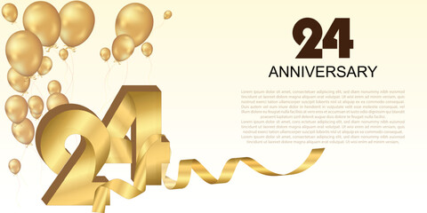 Elegant 24th anniversary celebration with golden balloons, ribbon, and bold 3D numbers. Perfect for greeting cards, banners, or party invitations. Luxurious and festive vector design