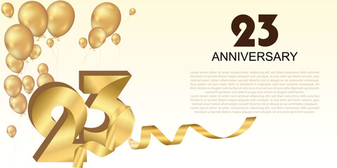 Elegant 23th anniversary celebration with golden balloons, ribbon, and bold 3D numbers. Perfect for greeting cards, banners, or party invitations. Luxurious and festive vector design