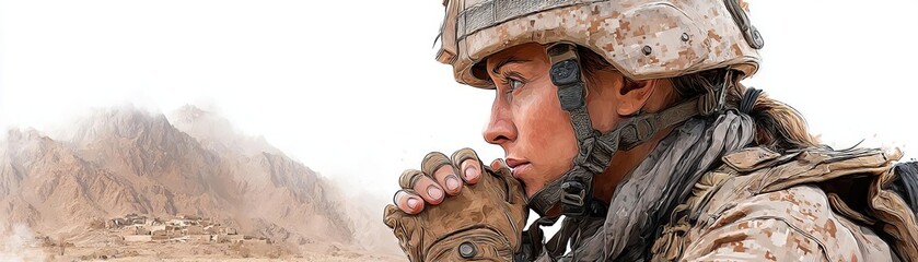 Woman soldier praying in the desert with mountains and clouds in the background