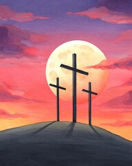 View on the three Crosses on Golgotha from the Holy Sepulchre at sunrise Digital watercolor painting illustration