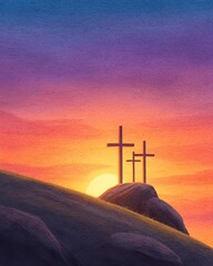 View on the three Crosses on Golgotha from the Holy Sepulchre at sunrise Digital watercolor painting illustration