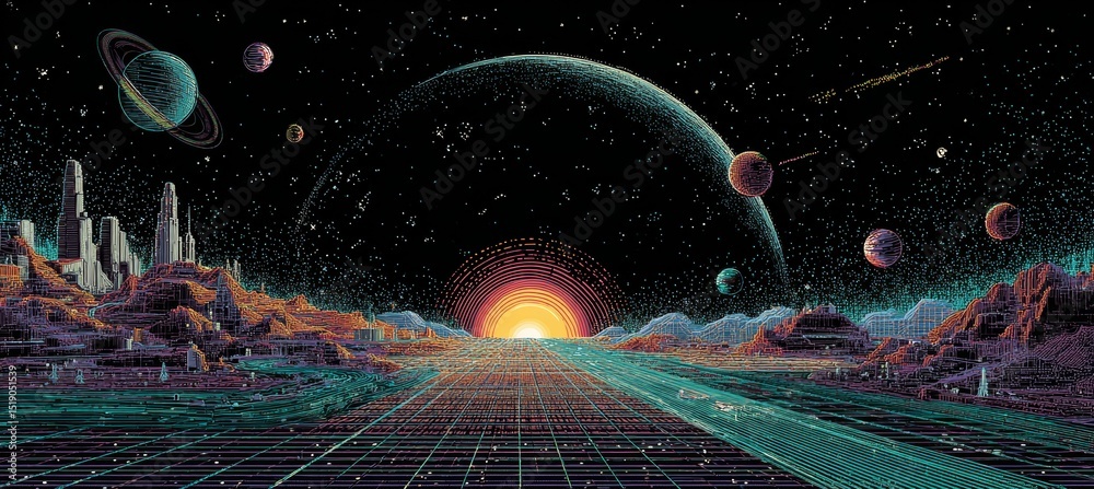 Aufkleber space solar system with planet. interstellar astronomy science .generative ai technology.