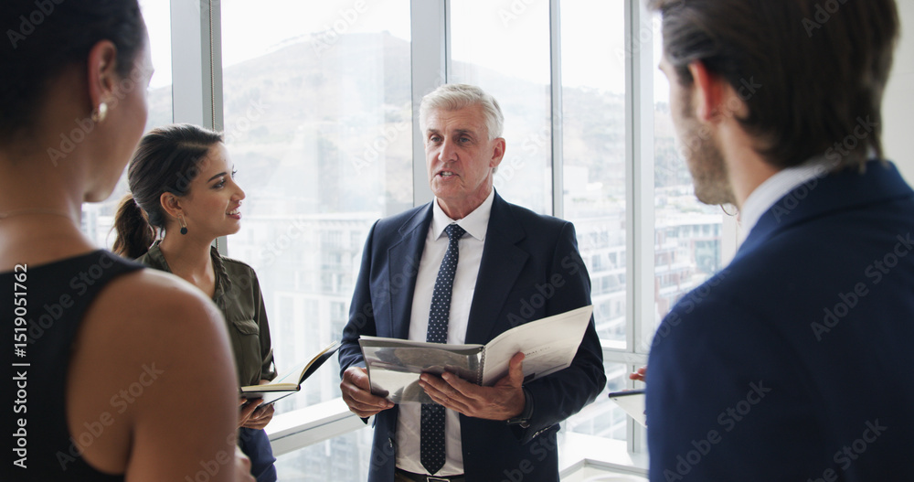 Poster manager, speaker and business people in meeting in office for feedback, financial review and plannin