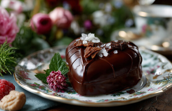 Heart-shaped chocolate cake celebrating valentine's day with romantic decoration