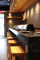 A sleek modern sushi bar features a black marble counter and wooden stools, illuminated by warm lighting, creating an inviting dining atmosphere