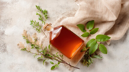 A square glass kombucha bottle sits on a textured linen surface surrounded by fresh herbs and greenery, creating a natural and organic aesthetic