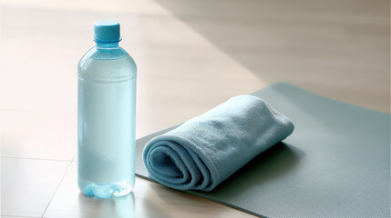 A tall water bottle with condensation rests beside a rolled-up towel on a yoga mat, illuminated by soft natural light in a serene indoor setting
