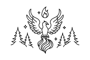 Obraz premium Majestic phoenix rising from flames in a pine forest