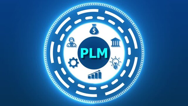 PLM Product lifecycle management system technology concept. Technology, Internet and network concept. A versatile set of vintage round rubber stamp icons and web design  elements