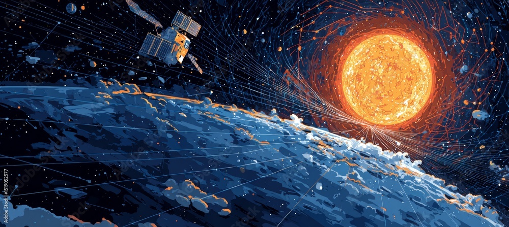 Aufkleber satellite on planet orbit and sun. interstellar astronomy science .generative ai technology.