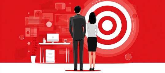 Businessman and businesswoman looking at goal target. Business focus aim for success achievement. Generative AI technology.