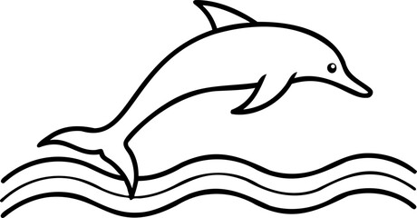 Fototapeta premium Cartoon dolphin leaping over ocean waves simple line art