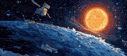Satellite on planet orbit and sun. interstellar astronomy science .Generative AI technology.	
