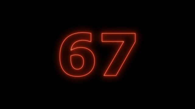Neon 67 Number. Glowing number 67 countdown on black background. seamless loop animation.