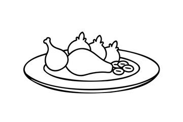 Roasted chicken dinner plate line art illustration