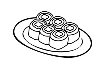 Delicious sushi rolls on a plate line art illustration