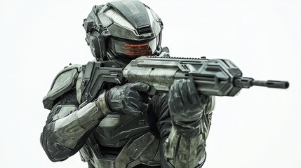 Futuristic soldier in combat armor, aiming rifle