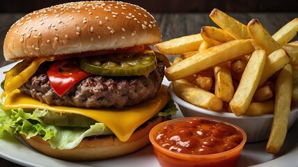 Double cheeseburger with fries, fast food lunch.