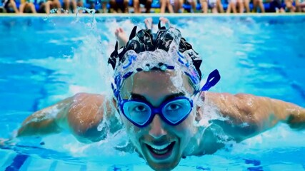 A young swimmer with goggles smiles at the camera while swimming underwater.