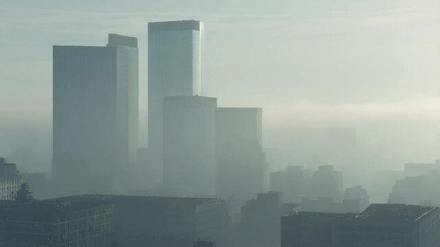 City skyline view through a hazy atmosphere