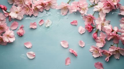 Obraz premium Delicate pink blossoms and petals scattered on a light blue background.