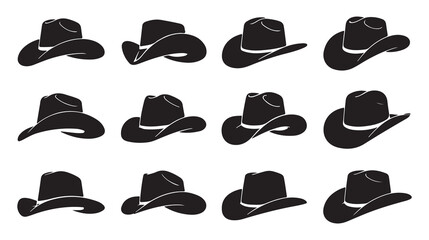 A set of twelve silhouette images of cowboy hats in various angles vector art on white
