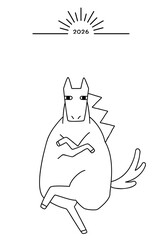 シンプルで個性的な線画の午年年賀状 馬 モノクロ 2026年