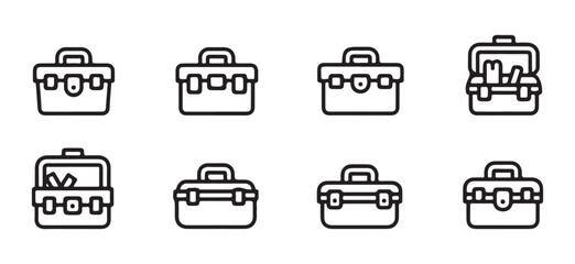 A set of Simple, black and white line art illustrations of different toolboxes. vector art on white