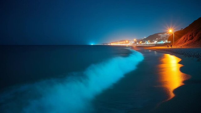 Bright Coastal Scenery at Night with Vibrant Wave and City Lights seamless motion video