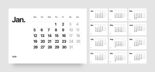 Monthly calendar layout for 2026 year. Diary planner for 2026 year. Week Starts on Monday. 