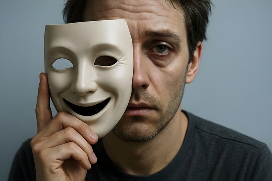 Tired person holds smiling theatrical mask revealing contrast between inner exhaustion and forced emotional disguise
