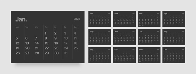 Monthly calendar layout for 2026 year. Diary planner for 2026 year in dark color. Week Starts on Monday. 