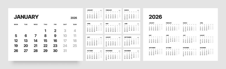 Monthly calendar layout for 2026 year. Diary planner for 2026 year. Week Starts on Monday. 