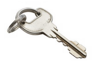 Metal key silver keyring security access unlock door lock safe house apartment key isolated on transparent background