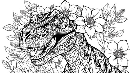 Intricate black and white illustration of a tyrannosaurus rex head with floral elements
