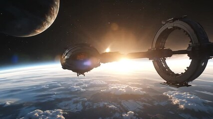 Massive spaceship docking at orbital ring station with sunrise in background - Powered by Adobe