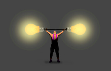 Illustration of a person lifting a barbell with light bulbs as weights symbolizing creativity and innovation
