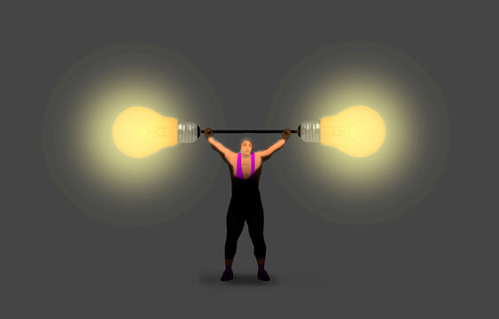 Illustration of a person lifting a barbell with light bulbs as weights symbolizing creativity and innovation