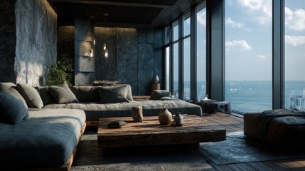 Serene interior of modern apartment with ocean view through panoramic windows