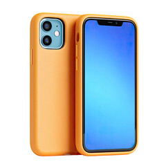 Modern smartphone in orange case mockup with blank blue screen on transparent background